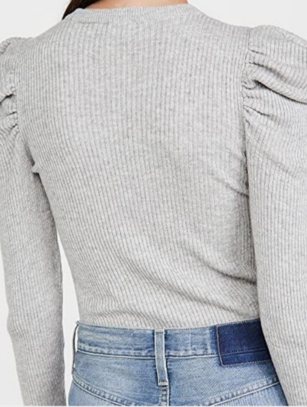 7 For All Mankind Ribbed Gray Knit Puff Sleeve Sweater Top - Picture 2 of 9